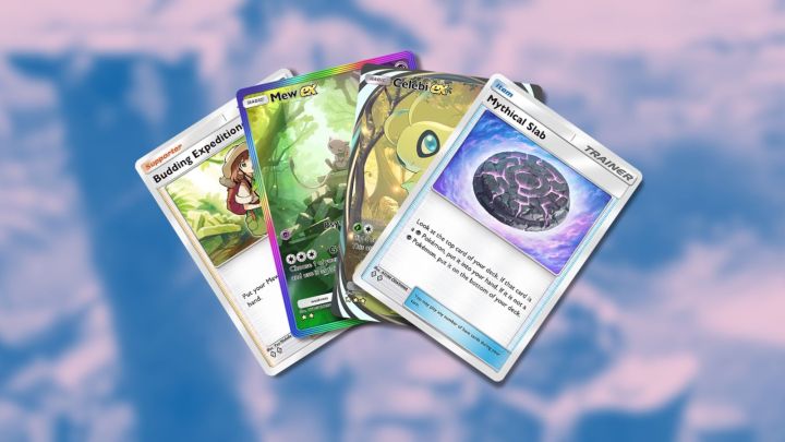 Expéditionner en herbe, Mew Ex, Celebi Ex et Mythical Slab in Pokemon TCG Pocket.