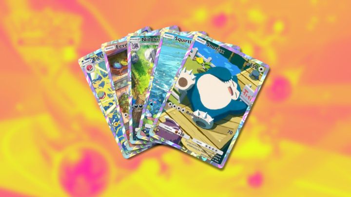 Électrode, cartes d'illustration Eevee, Nidoking, Squirtle et Snorlax dans Pokémon TCG Pocket.