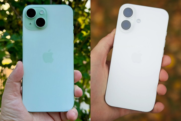Puste composite d'un iPhone 15 et d'un iPhone 16 tenu entre les mains.