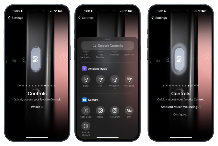 Captures d'écran montrant comment ajouter un raccourci de contrôle pour les listes de lecture Apple Music au bouton d'action.