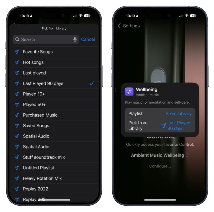 Captures d'écran montrant comment ajouter un raccourci de contrôle pour les listes de lecture Apple Music au bouton d'action.