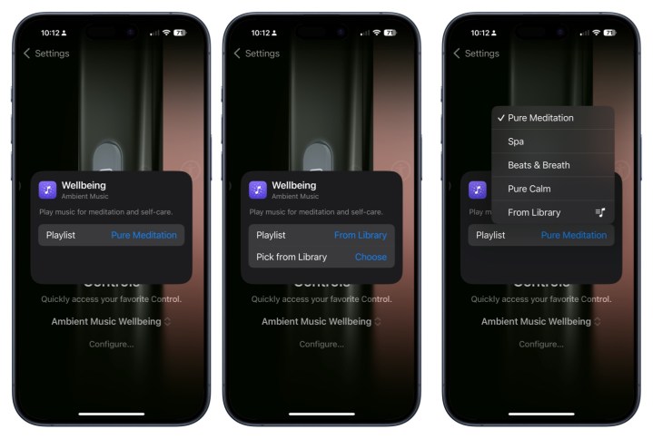 Captures d'écran montrant comment ajouter un raccourci de contrôle pour les listes de lecture Apple Music au bouton d'action.