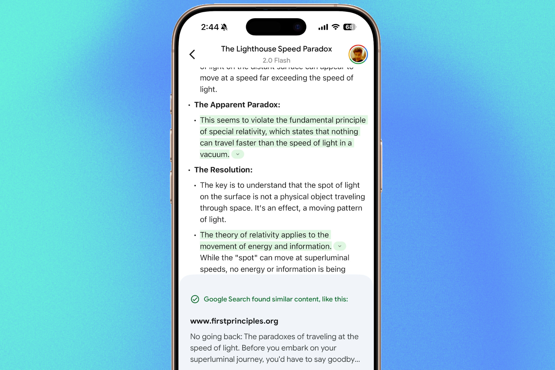 Réponse Gemini avec lien Web sur iPhone.