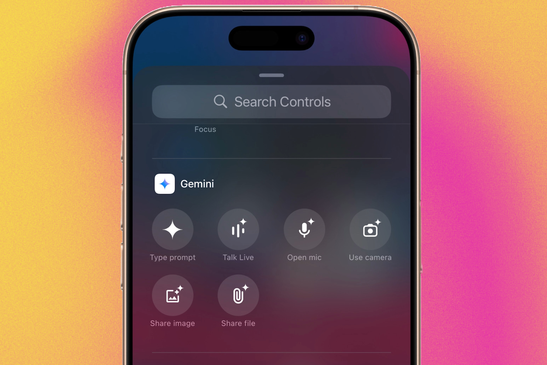 Options d'accès rapide Gemini dans le centre de contrôle.