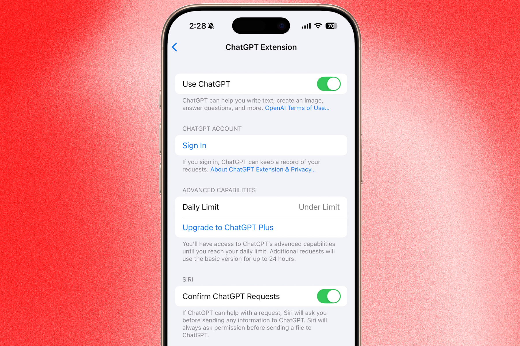 Contrôles Chatgpt sur iPhone.