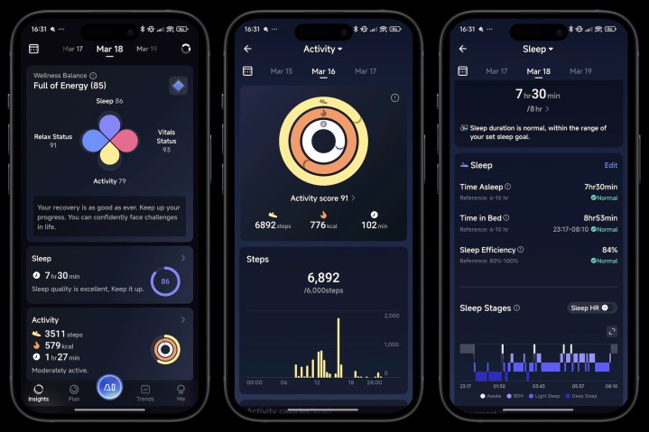 Captures d'écran tirées de l'application RingConn Gen 2 Air.