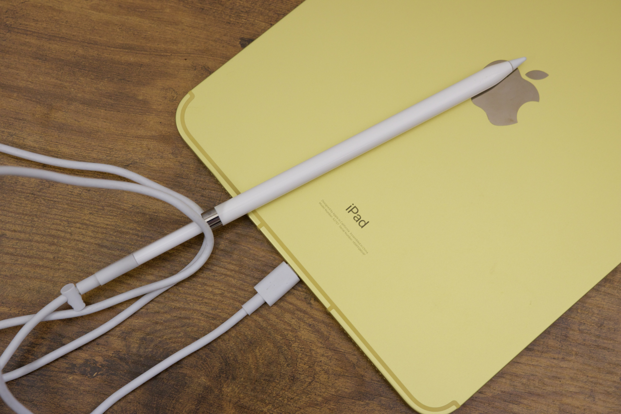 L'iPad (2022) avec un crayon Apple branché à l'aide d'un câble et d'un adaptateur USB-C.