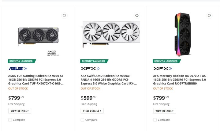 Stock de Newegg du RX 9070 XT.