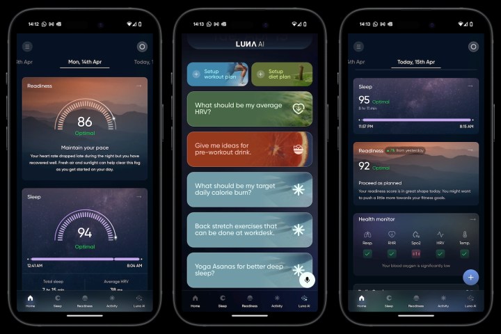 Captures d'écran tirées de l'application du bruit Luna Ring.