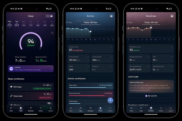 Captures d'écran tirées de l'application du bruit Luna Ring.