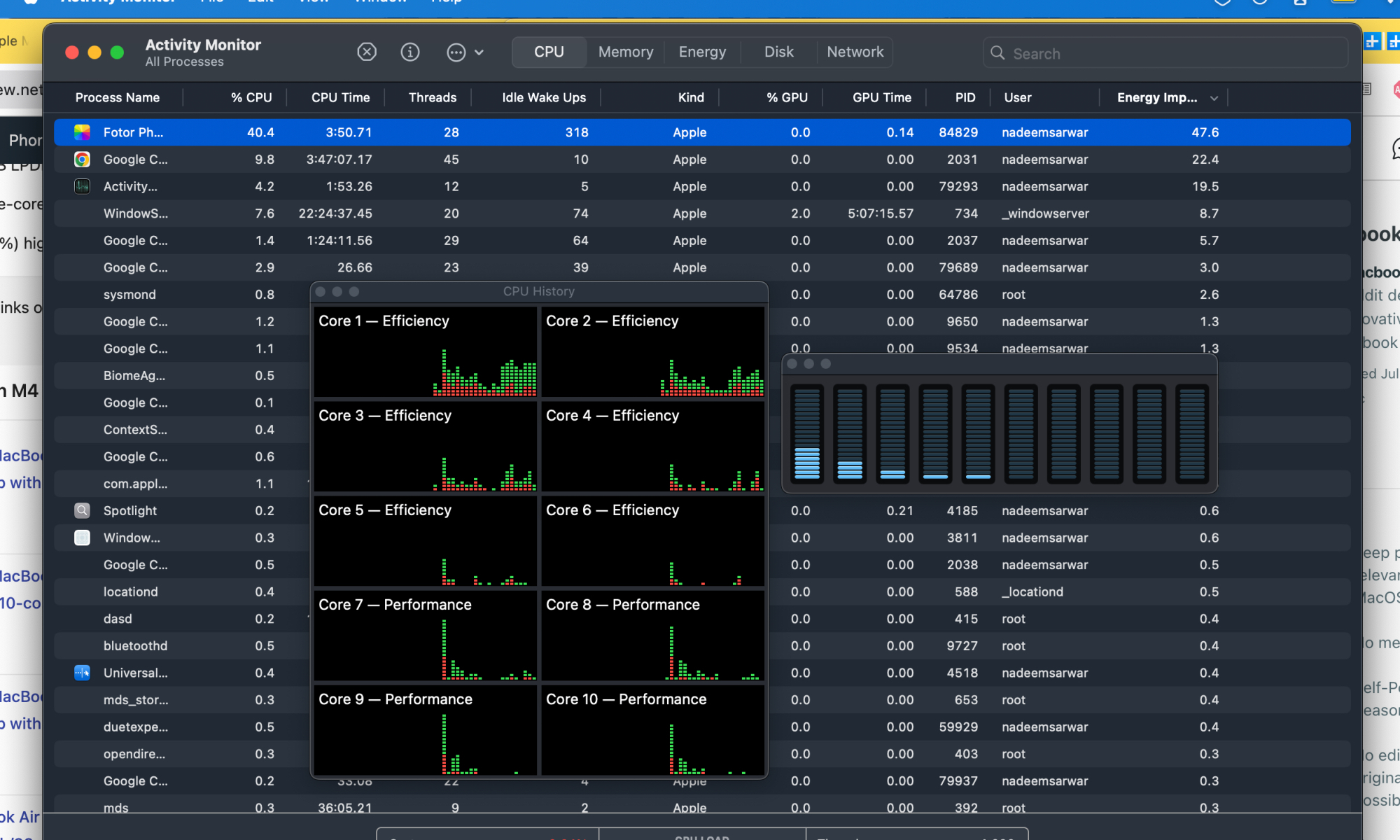 Activité de base dans Chrome sur Mac.
