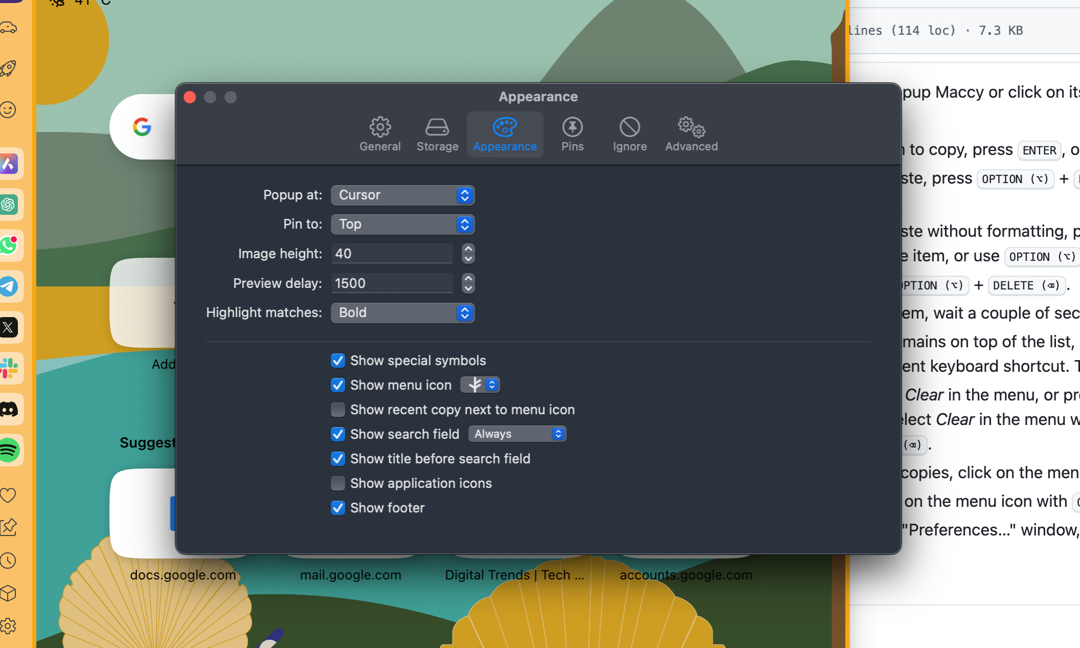 Paramètres d'apparence dans l'application de presse-papiers MACCY pour macOS.