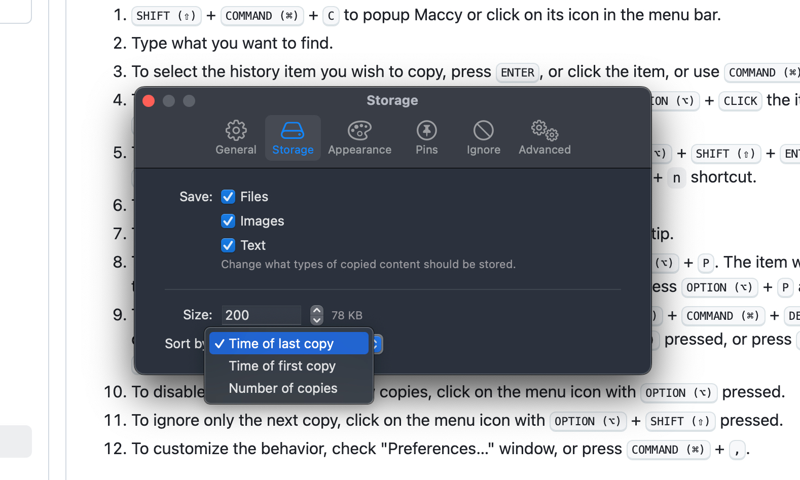 Préférences de stockage dans l'application de presse-papiers MACCY pour macOS.