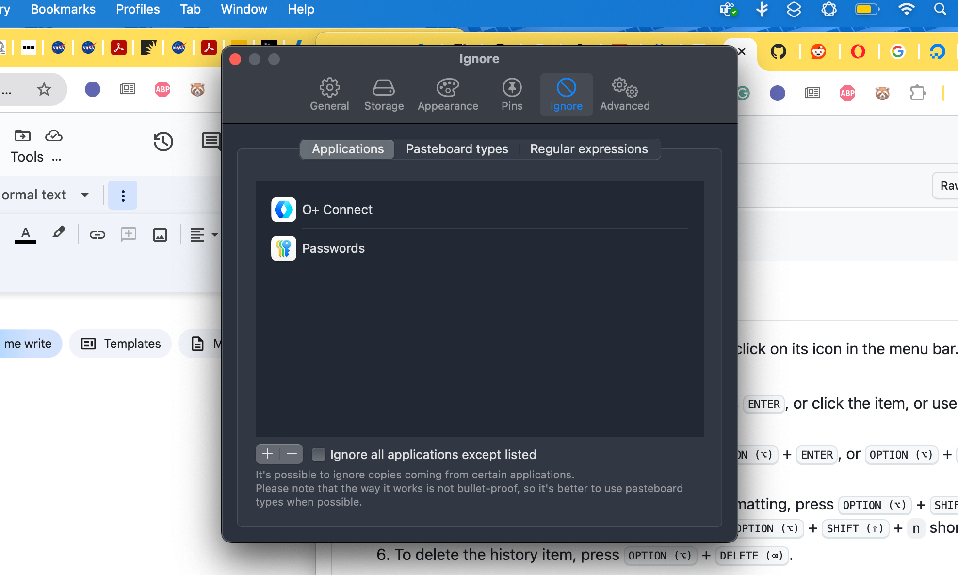 Création d'exceptions logicielles dans l'application de presse-papiers MacCy pour macOS.