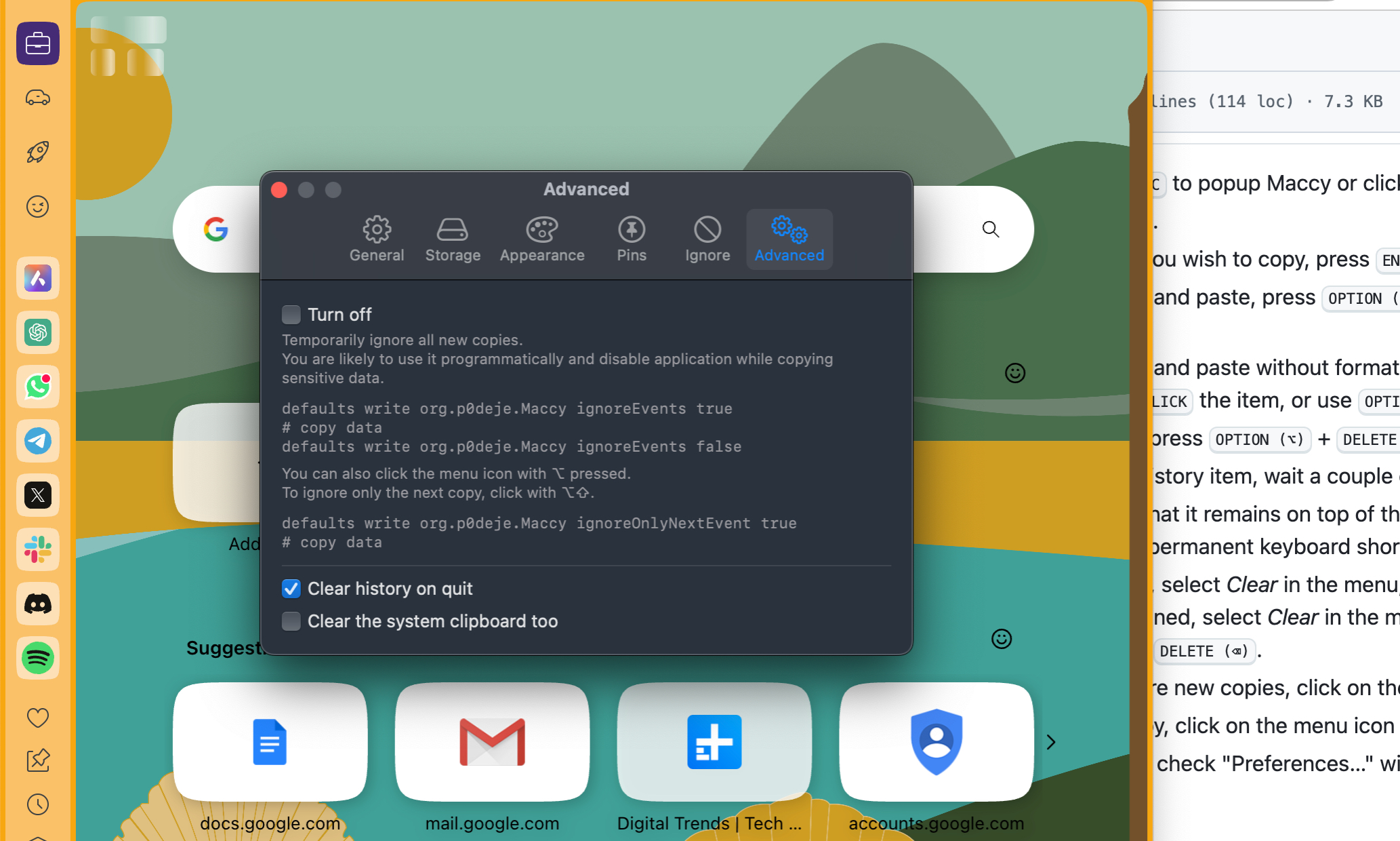 Paramètres avancés dans l'application de presse-papiers MACCY pour macOS.
