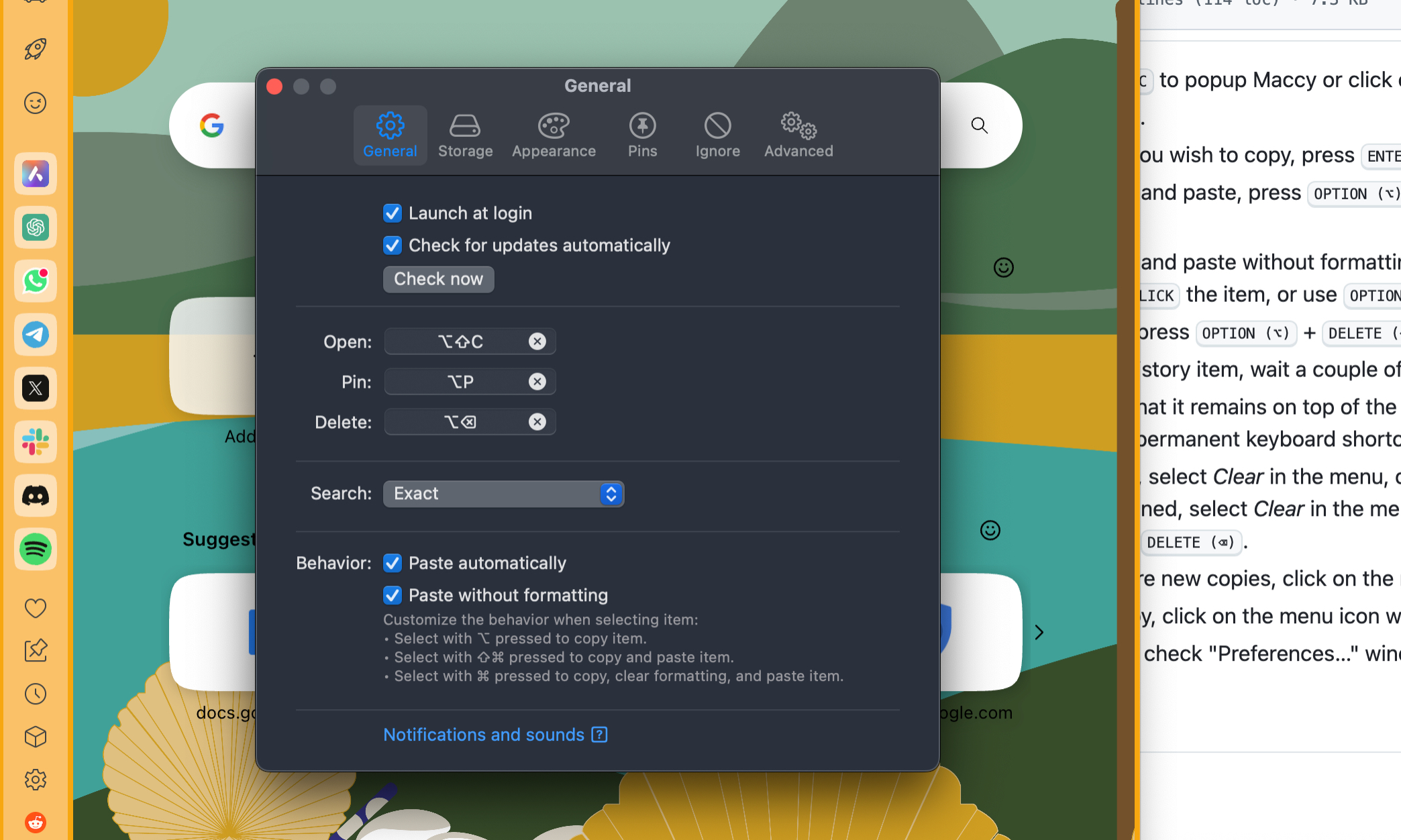 Paramètres généraux dans l'application de presse-papiers MACCY pour macOS.