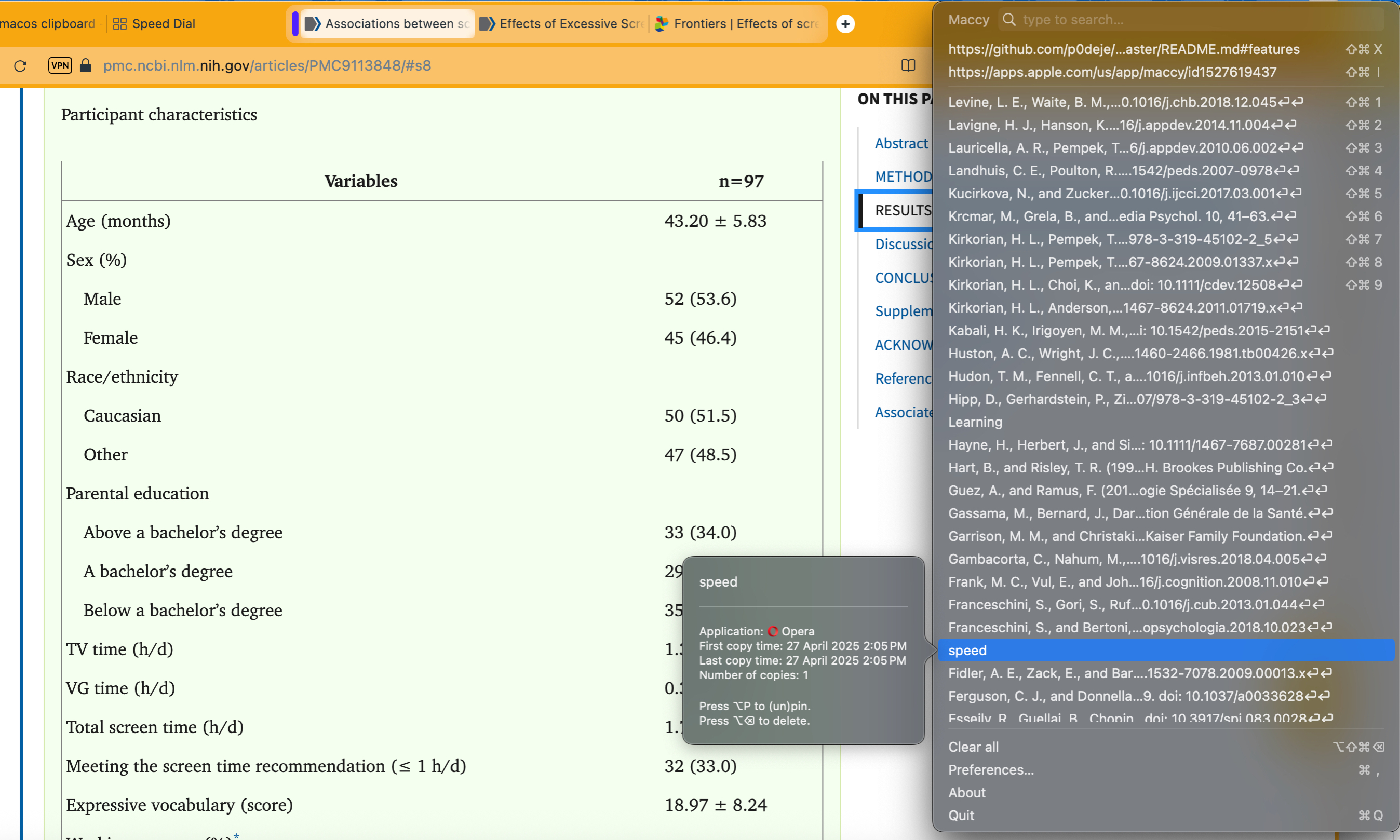 Longue liste des éléments copiés dans l'application de presse-papiers MacCy pour macOS.