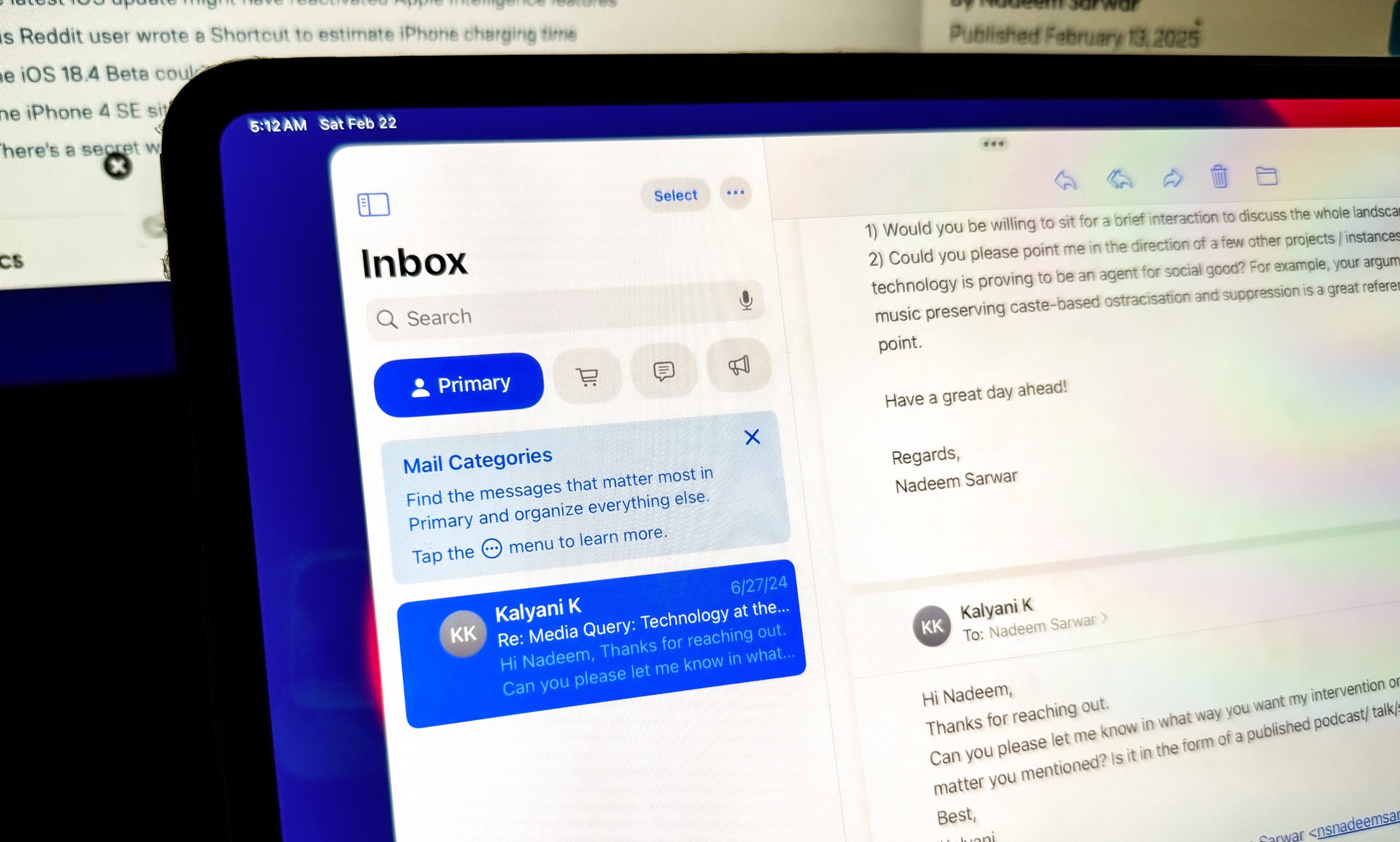 Catégories dans l'application Apple Mail pour iPad et Mac.