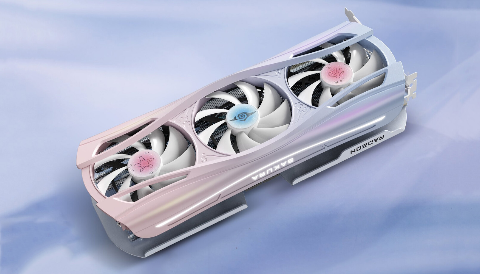 La carte graphique Yeston Sakura Atlantis RX 9070 XT sur fond bleu