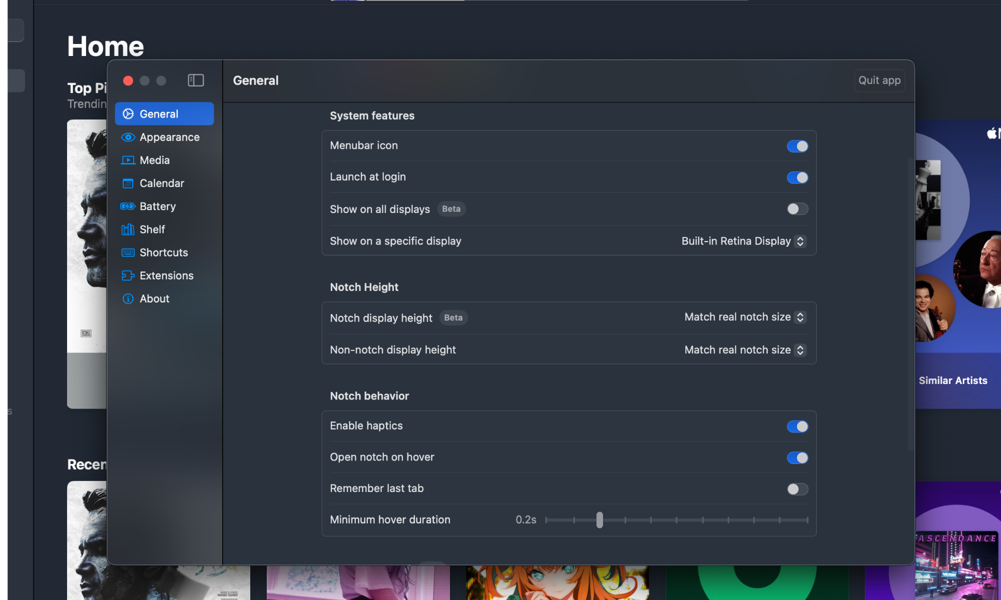 Menu des paramètres dans l'application Notch Boring.