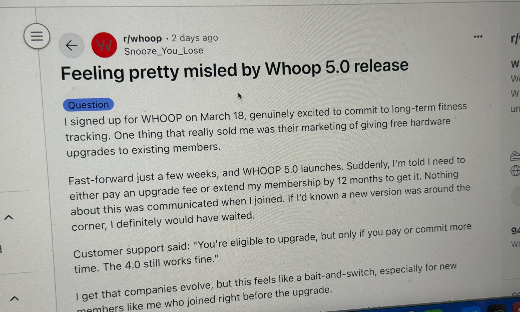 Reddit Post sur la politique de mise à niveau de Whoop.
