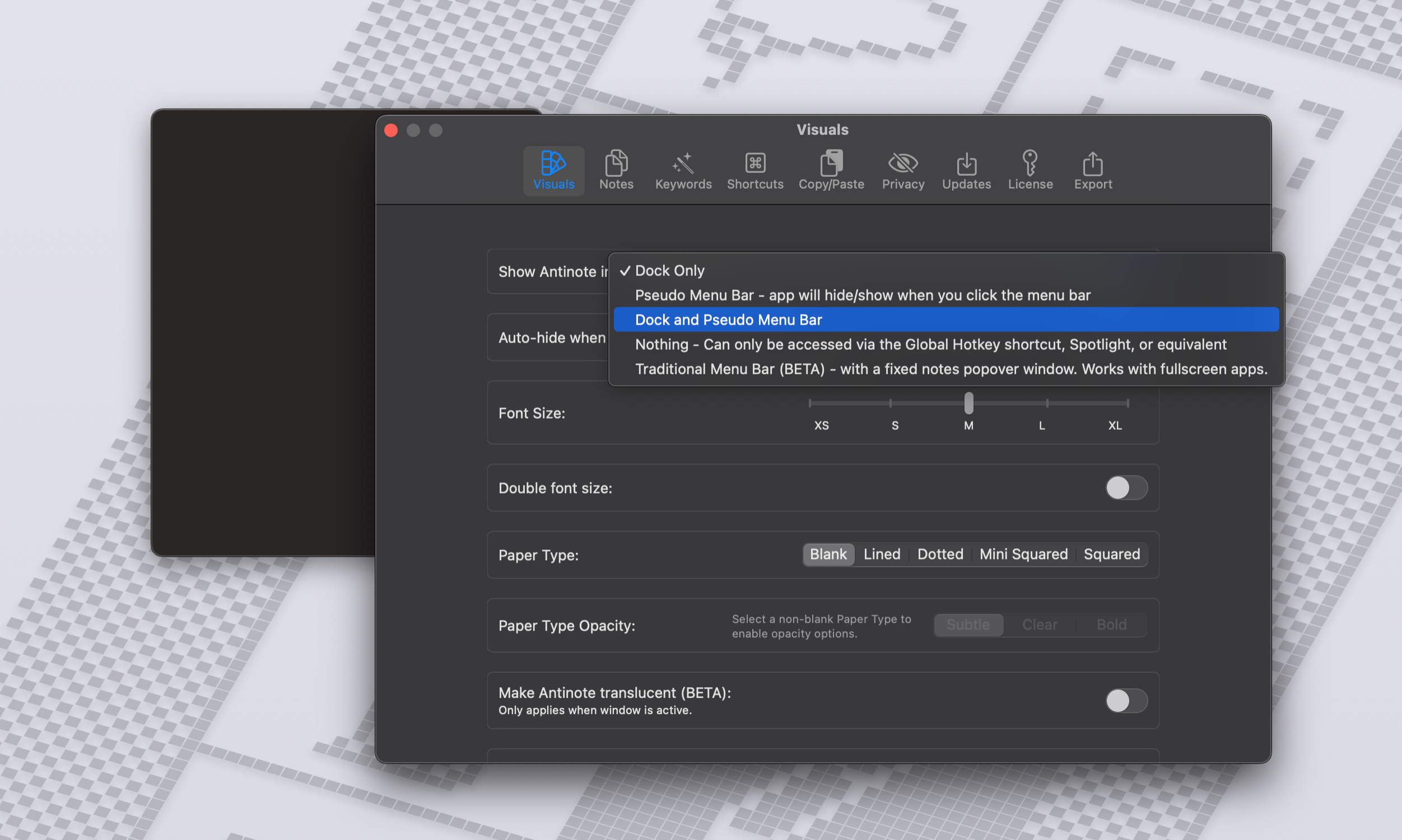 Contrôles visuels dans l'application Antinote pour macOS.