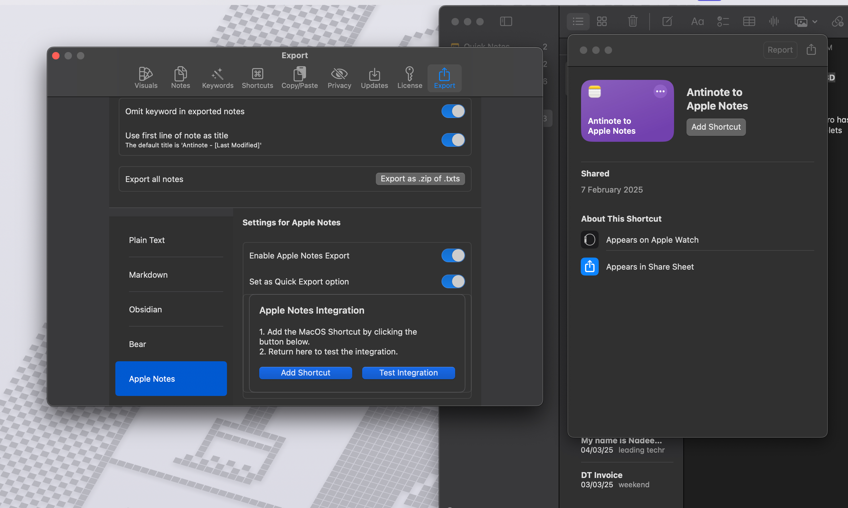 Contrôles d'exportation dans l'application Antinote pour macOS.