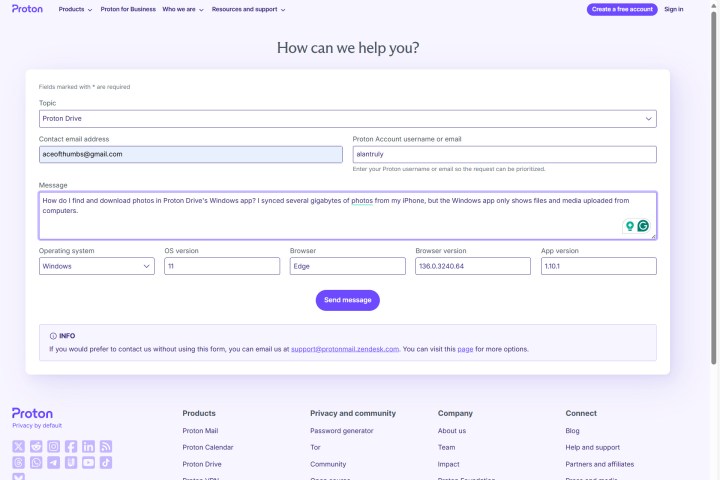 Proton Drive offre une prise en charge par e-mail après avoir rempli un formulaire.