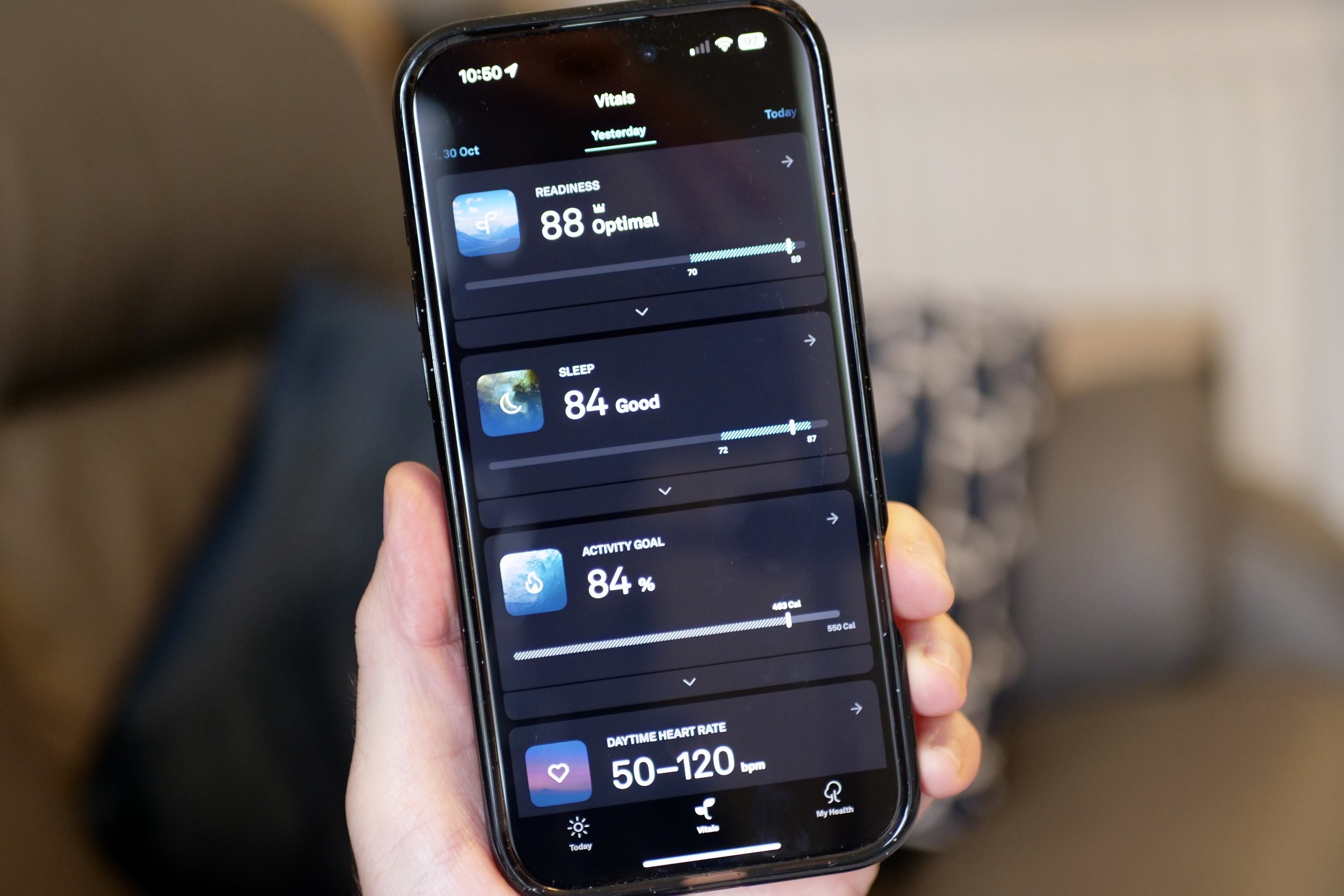 L'application Oura montrant l'écran Vitals.