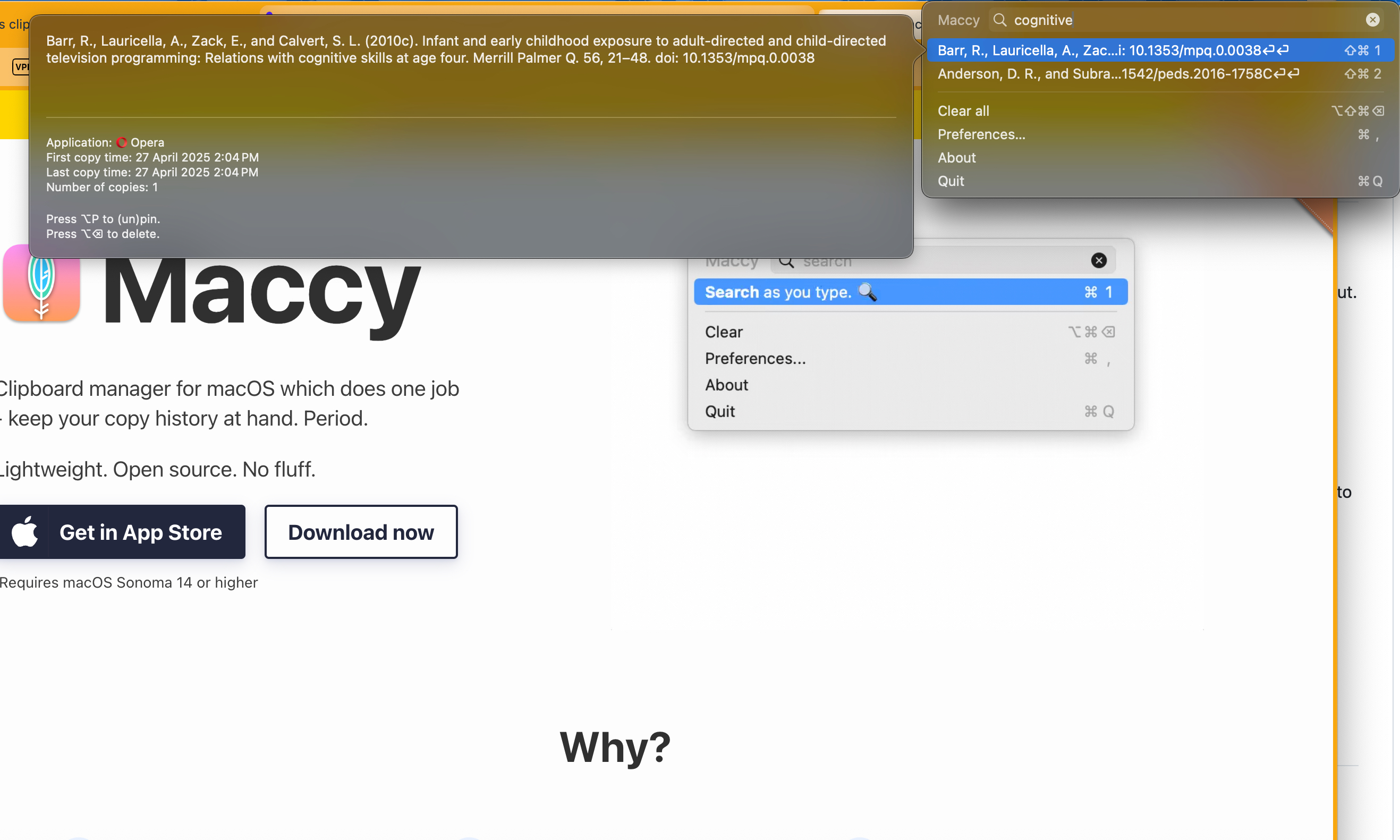Détails des éléments copiés dans l'application de presse-papiers MACCY pour macOS.