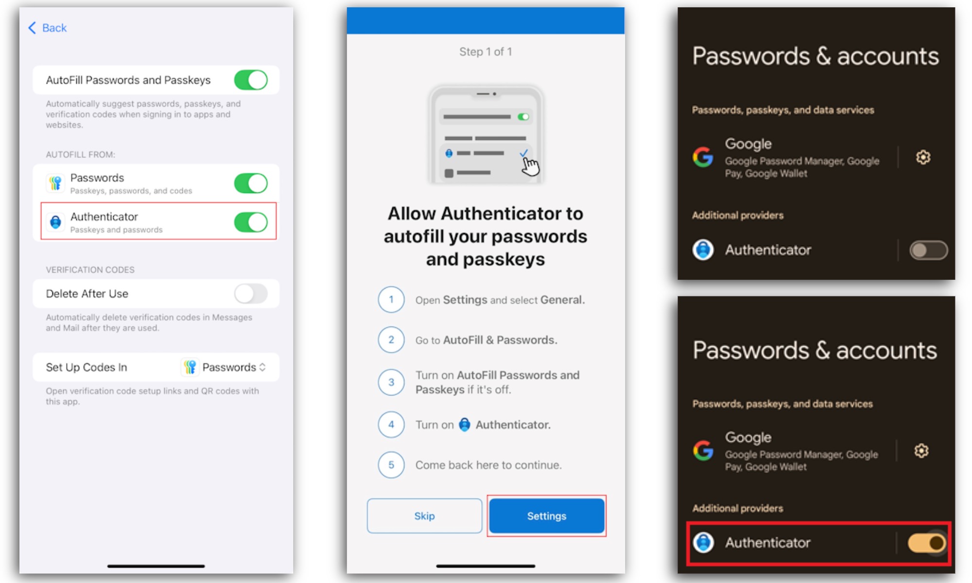 Activation de l'accès PassKey dans l'application Authenticator.