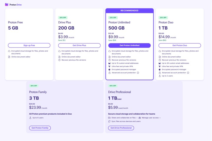 Proton Drive a des plans gratuits et payés avec le plus d'économies sur les paquets.