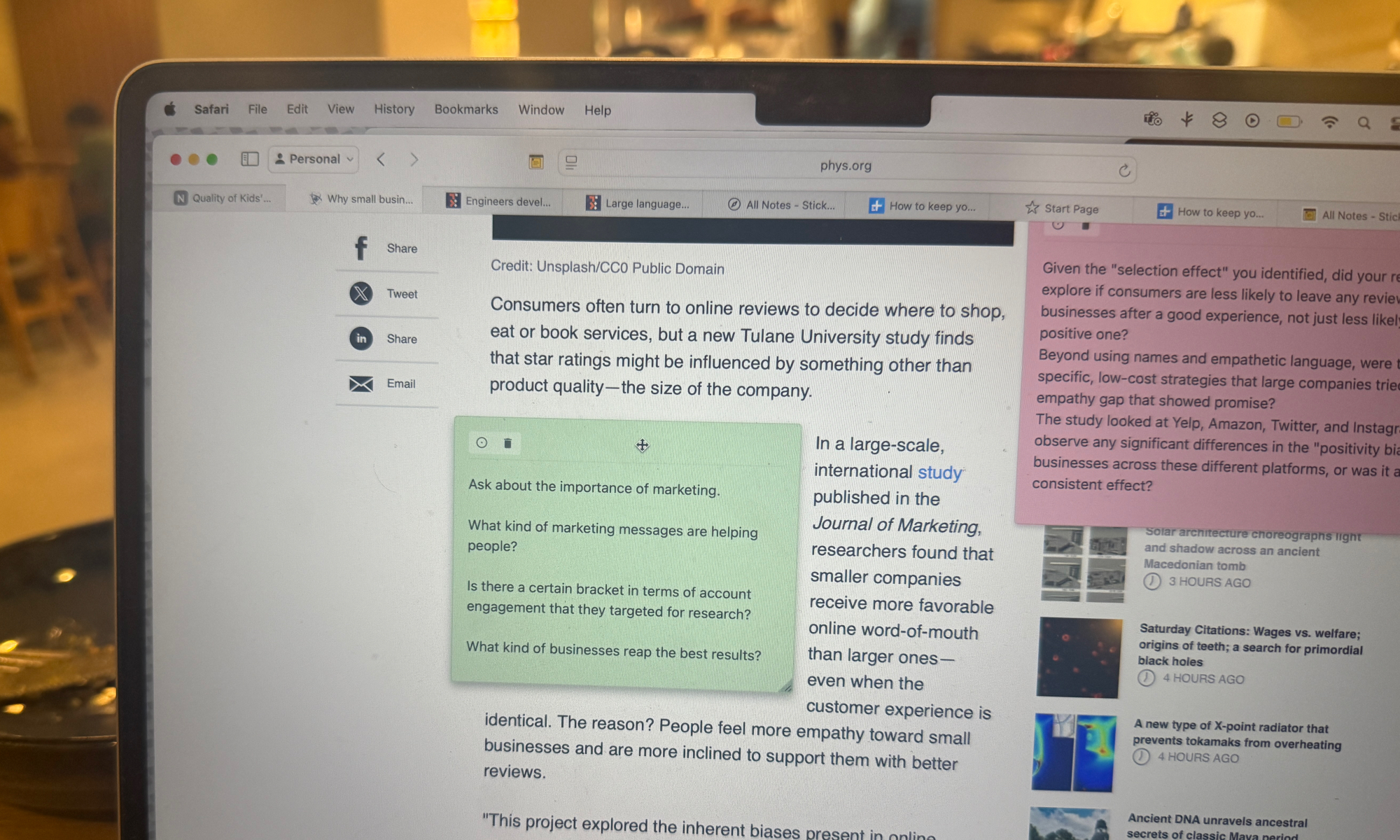 Les notes collantes pour Safari sont actives sur mon MacBook Air.