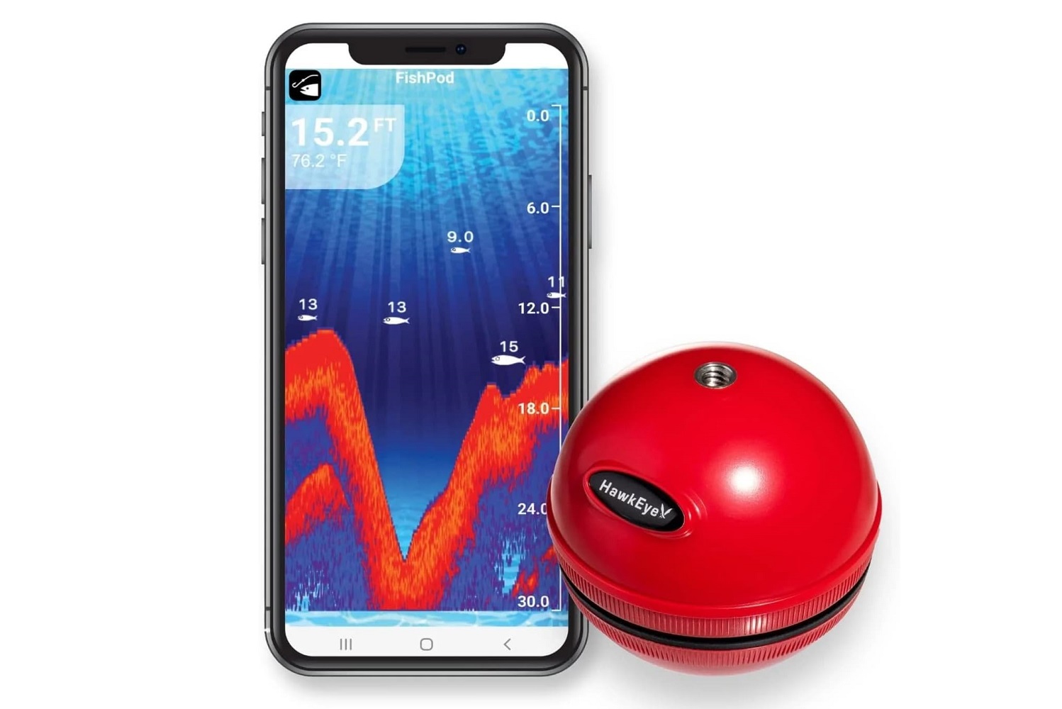 Le Hawkeye Fishpod 5x Bluetooth Fish Finder avec son application compagnon.