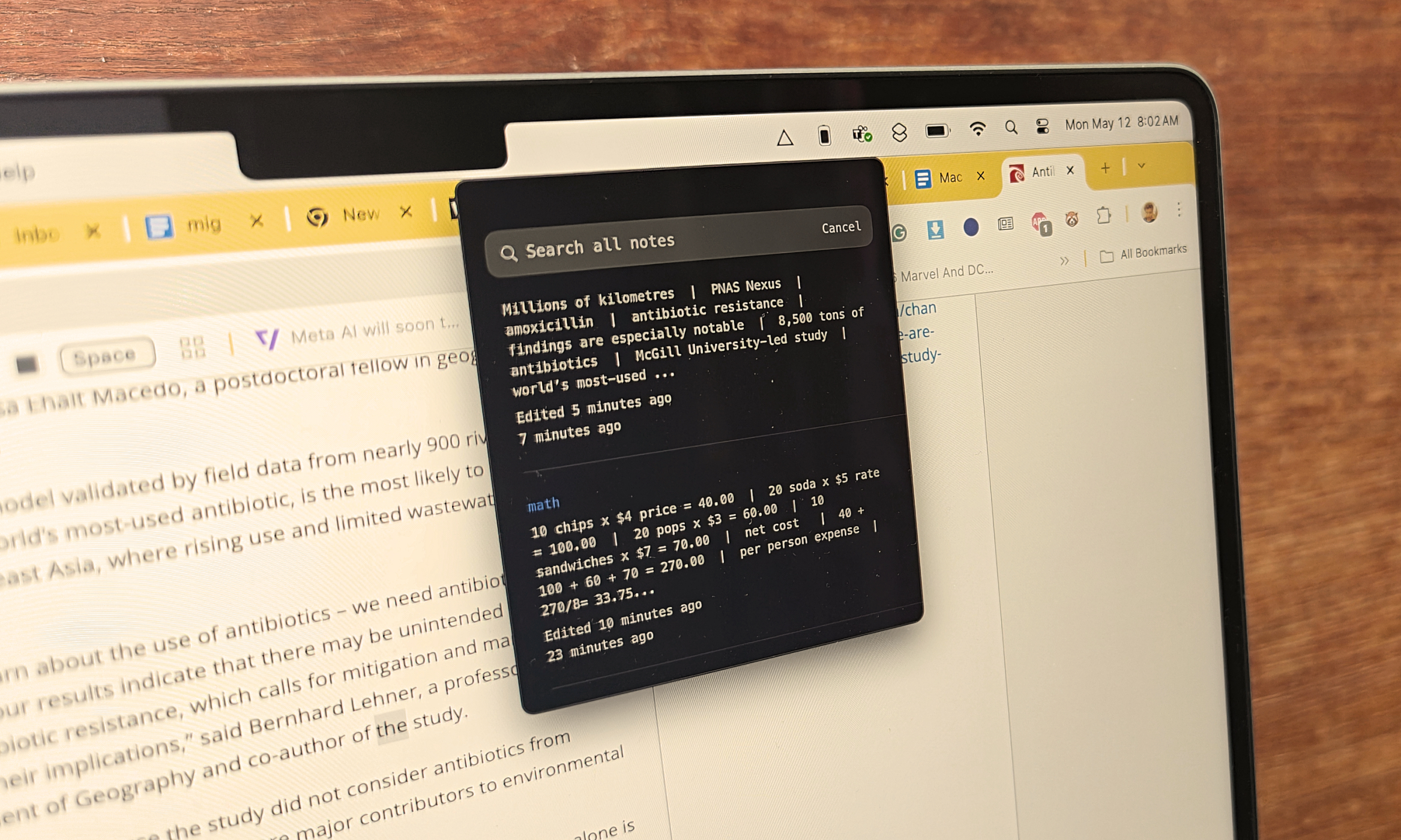 Invoquer un écrat dans l'application Antinote pour macOS.