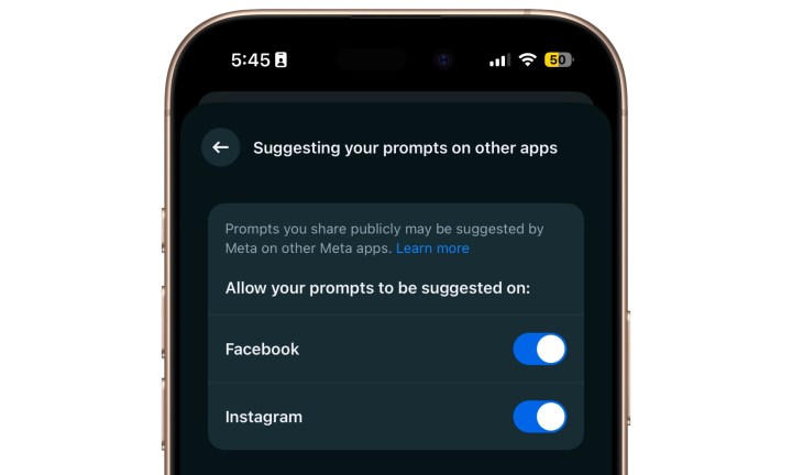 Contrôles Instagram et Facebook dans l'application Meta AI.