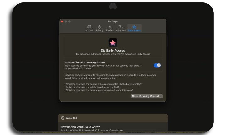 Confidentialité dans le navigateur DIA.