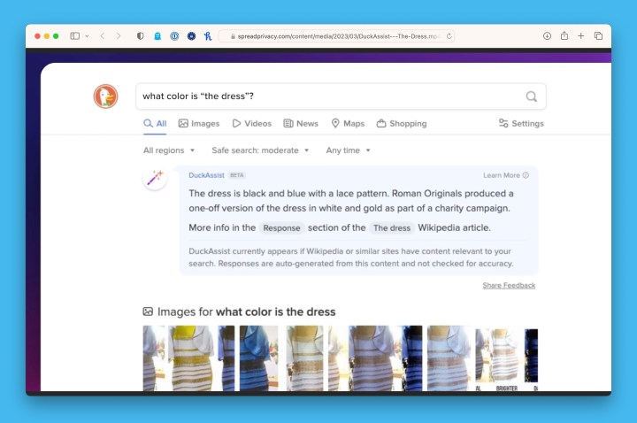 L'outil Duckassiste du navigateur Web DuckDuckGo montrant un résultat de recherche avec un résumé de réponse généré par l'AI en haut.