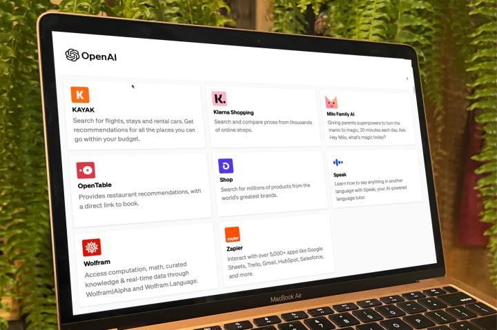 Le site Web d'Openai s'ouvre sur un MacBook, montrant les plugins Chatgpt.