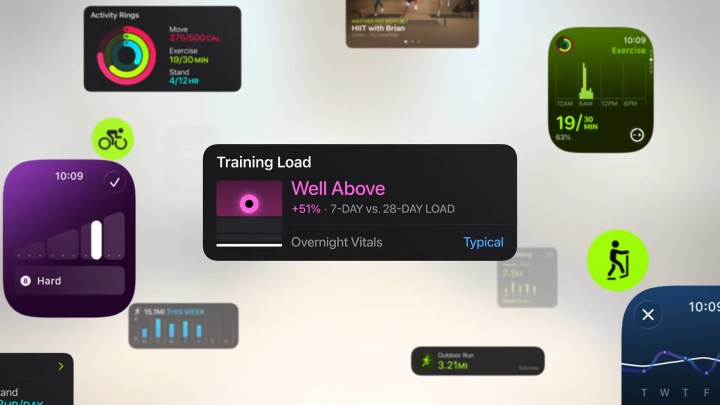 WWDC 2025 Capture d'écran de l'entreprise montrant des calculs de copains d'entraînement sur Watchos 26
