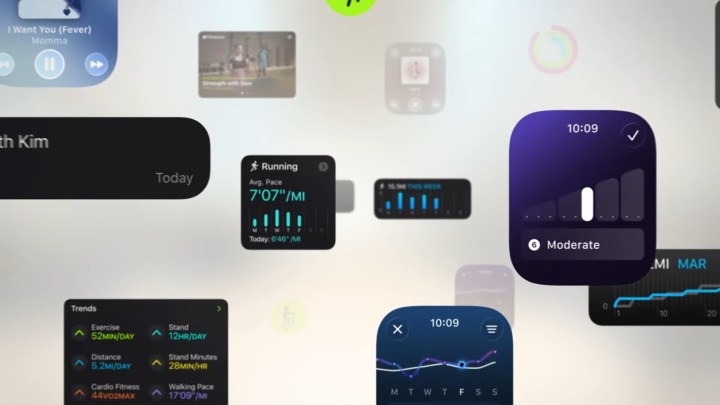 WWDC 2025 Capture d'écran de l'entreprise montrant des calculs de copains d'entraînement sur Watchos 26