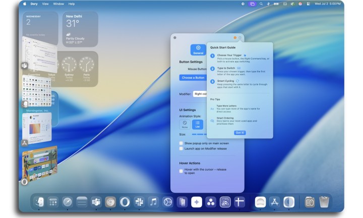 Réglage des raccourcis dans l'application Dory pour Mac.