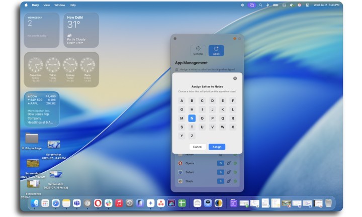 Définition des raccourcis clés dans l'application Dory.