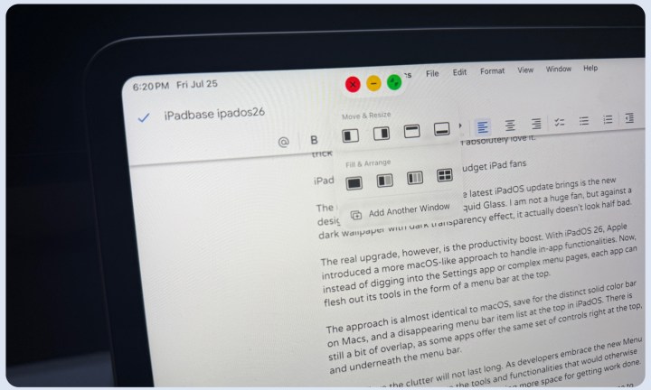 Options de carrelage des fenêtres dans iPados 26.