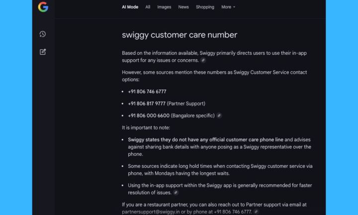 Résultat du mode Google AI sur Swiggy.