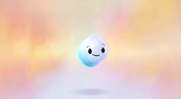 Bubble d'apparence du copilote avec un visage souriant sur un fond nuageux rose et bleu. 