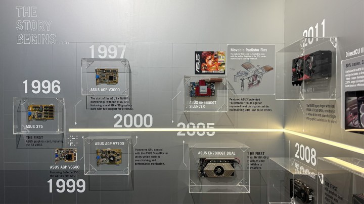 Mur des GPU historiques d'Asus affichés à Gamescom 2025.