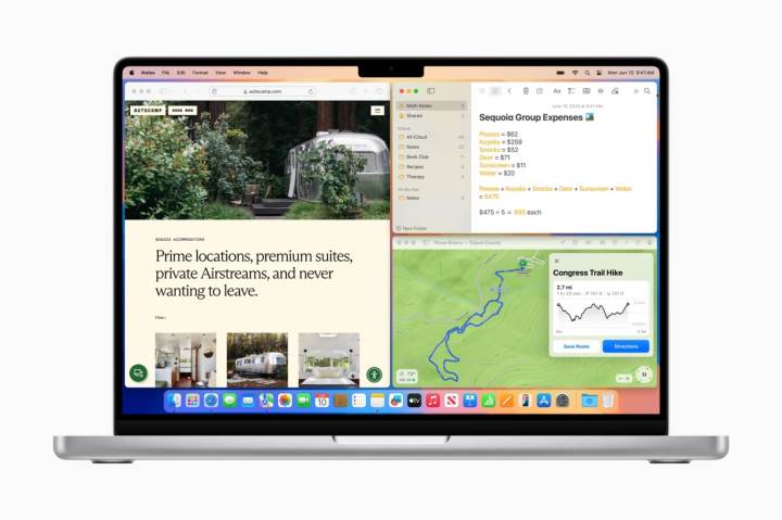 Trois fenêtres d'application disposées sur un écran à l'aide du carrelage de fenêtres dans MacOS Sequoia.