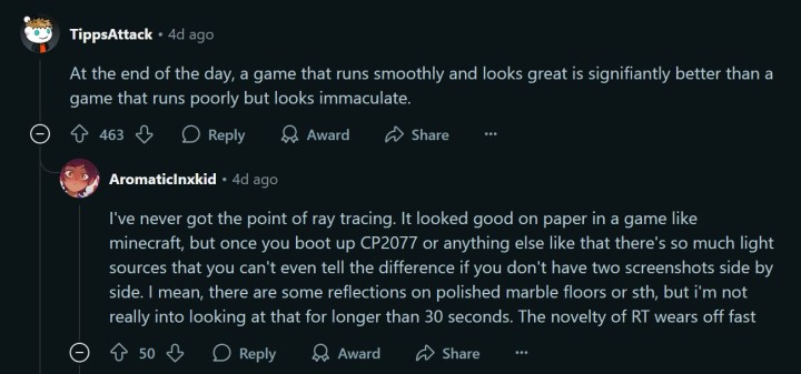 Une capture d'écran de Reddit, discutant du traçage des rayons dans Battlefield 6.