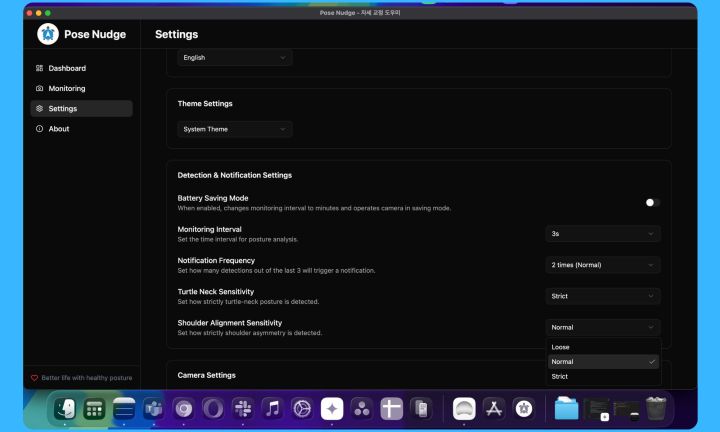 Paramètres de l'application Pose Nudge pour Mac.